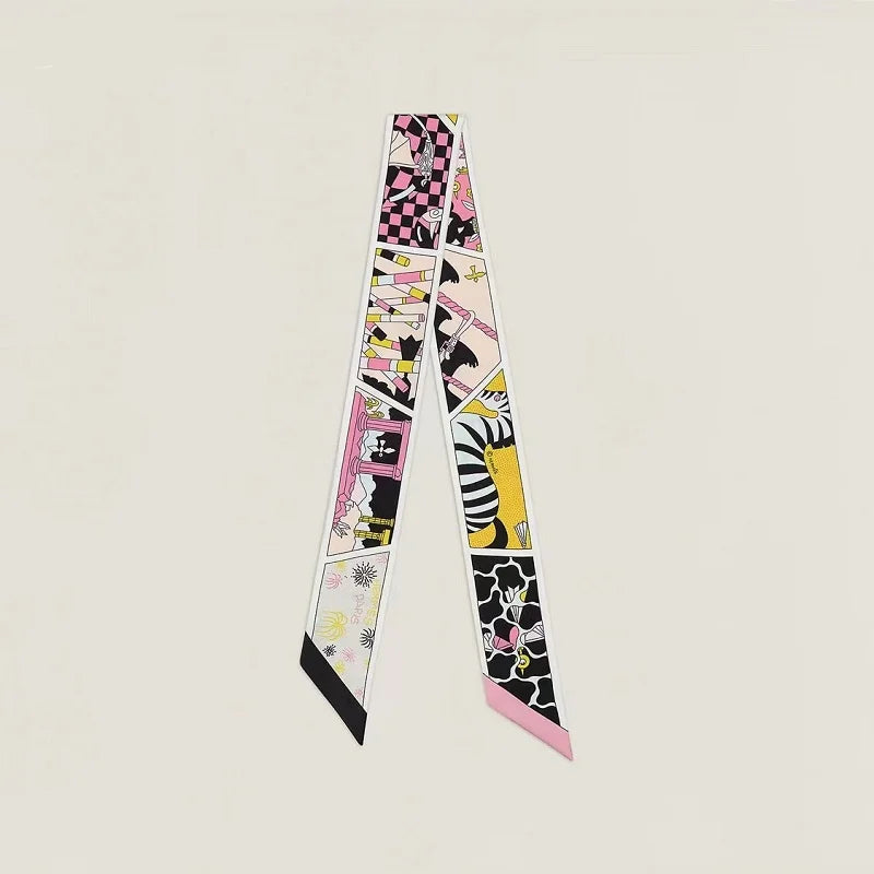 Twilly Suite Black/Rose/Yellow Muffler Scarf Silk Ladies Scarf Hermmes New