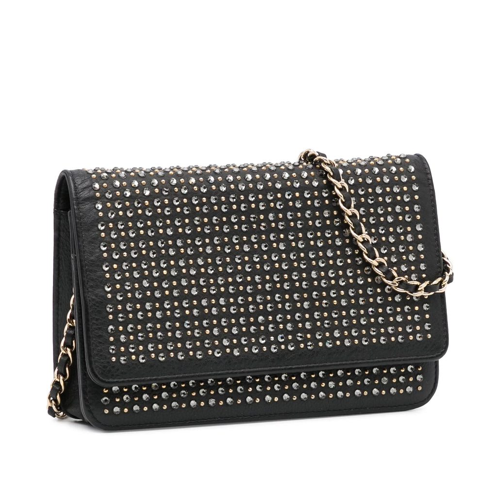 (Good) Crossbody Pre-Owned Authenticated Chain Calf Chanel Leather Unisex Black Wallet Studded Bag on