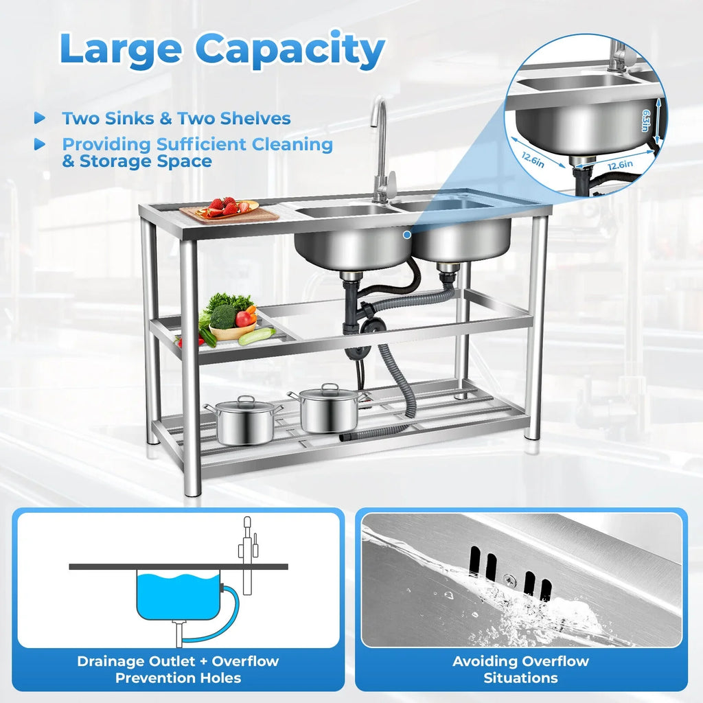 w/ Utility Table Steel Kitchen Table 2 Bowls Prep Sink Bowl Kitchen 2 Bowls Catering Stainless Bowl Catering Kitchen Home Commercial Drainboard Sink +Shelf Catering Prep Prep Sink 304 w/Faucet