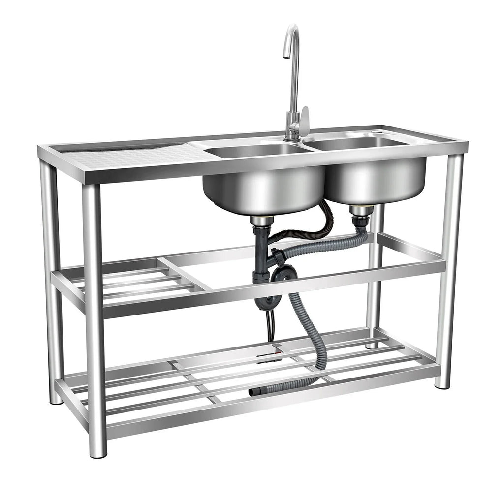 w/ Utility Table Steel Kitchen Table 2 Bowls Prep Sink Bowl Kitchen 2 Bowls Catering Stainless Bowl Catering Kitchen Home Commercial Drainboard Sink +Shelf Catering Prep Prep Sink 304 w/Faucet