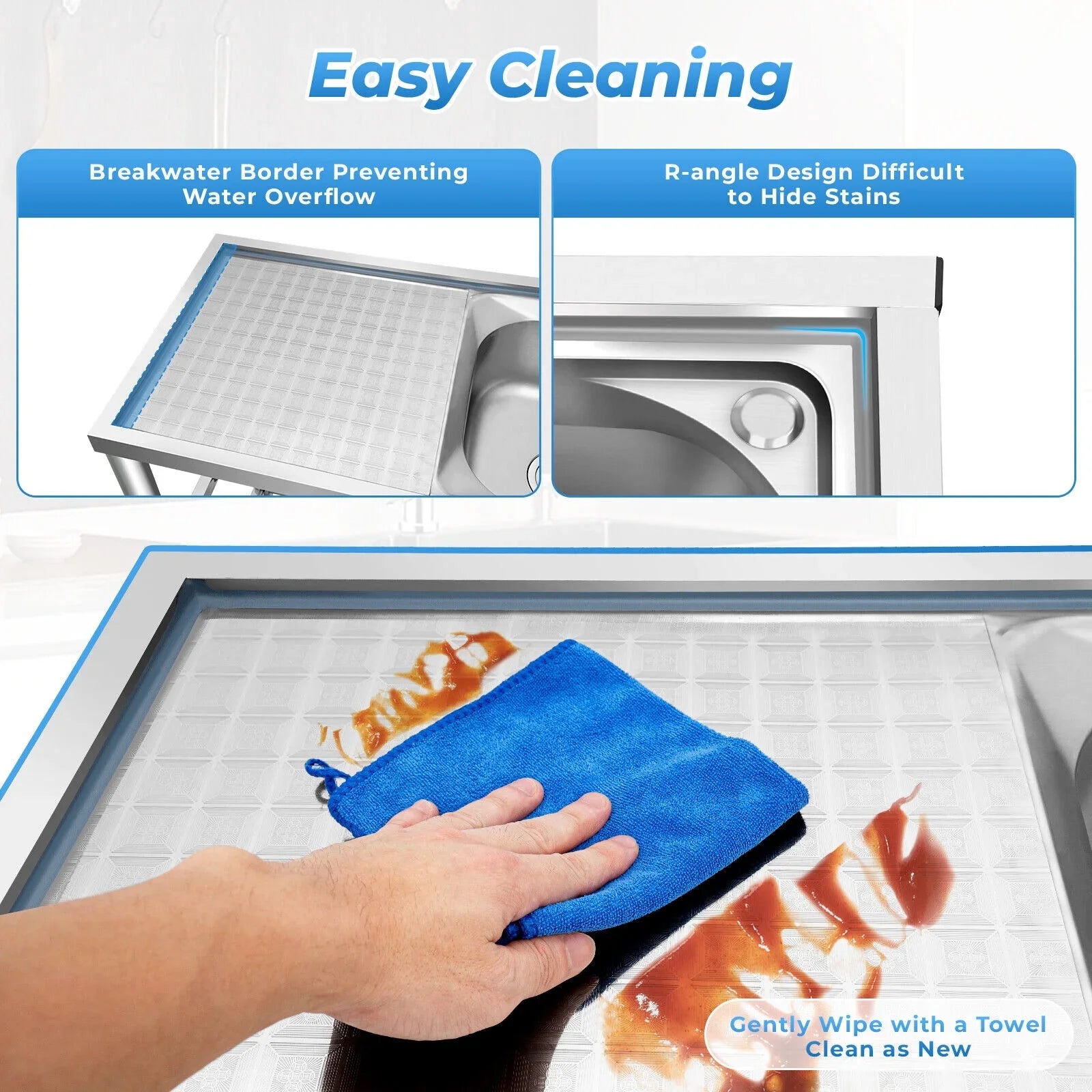 w/ Utility Table Steel Kitchen Table 2 Bowls Prep Sink Bowl Kitchen 2 Bowls Catering Stainless Bowl Catering Kitchen Home Commercial Drainboard Sink +Shelf Catering Prep Prep Sink 304 w/Faucet
