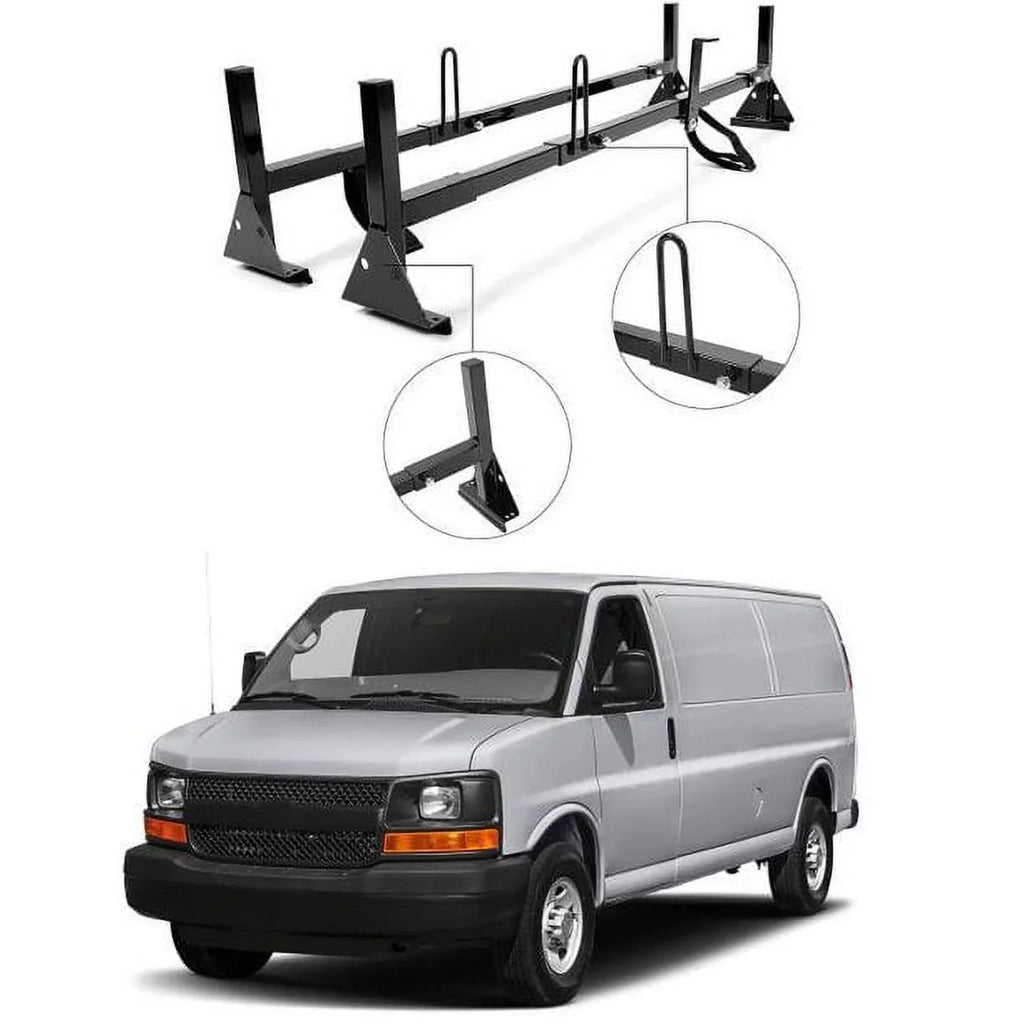 GMC Kojem Roof Rack Rack Vans 2 Universal Full-Size Ladders Carry Steel Bars Mount E-Series Adjustable Chevy Express Savana Ford for 68"-75"