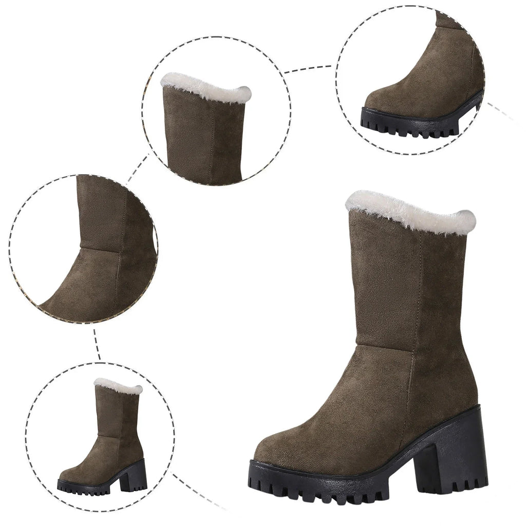 High Wide Warm Heel Hiking Thick Winter Plush Womens Suede Fashion Solid Boots Cotton Ladies Boots