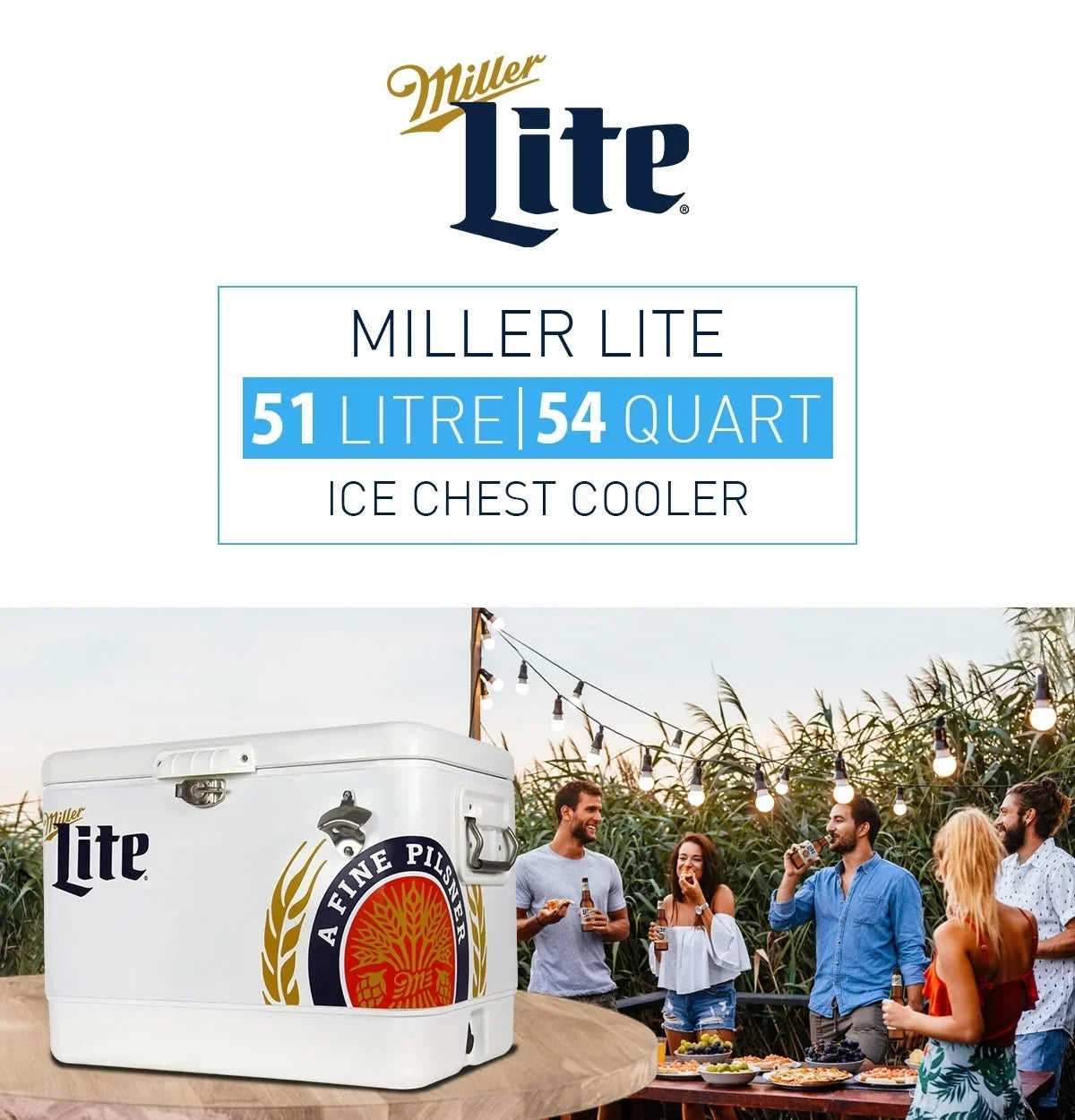 51L Fishing 85 Tailgating, Blue, Camping, Beach, Portable Chest with Cooler, RV, QT), Opener, and Beverage BBQs, (54 White steel-belted Can Bottle Miller Lite for Cooler Ice