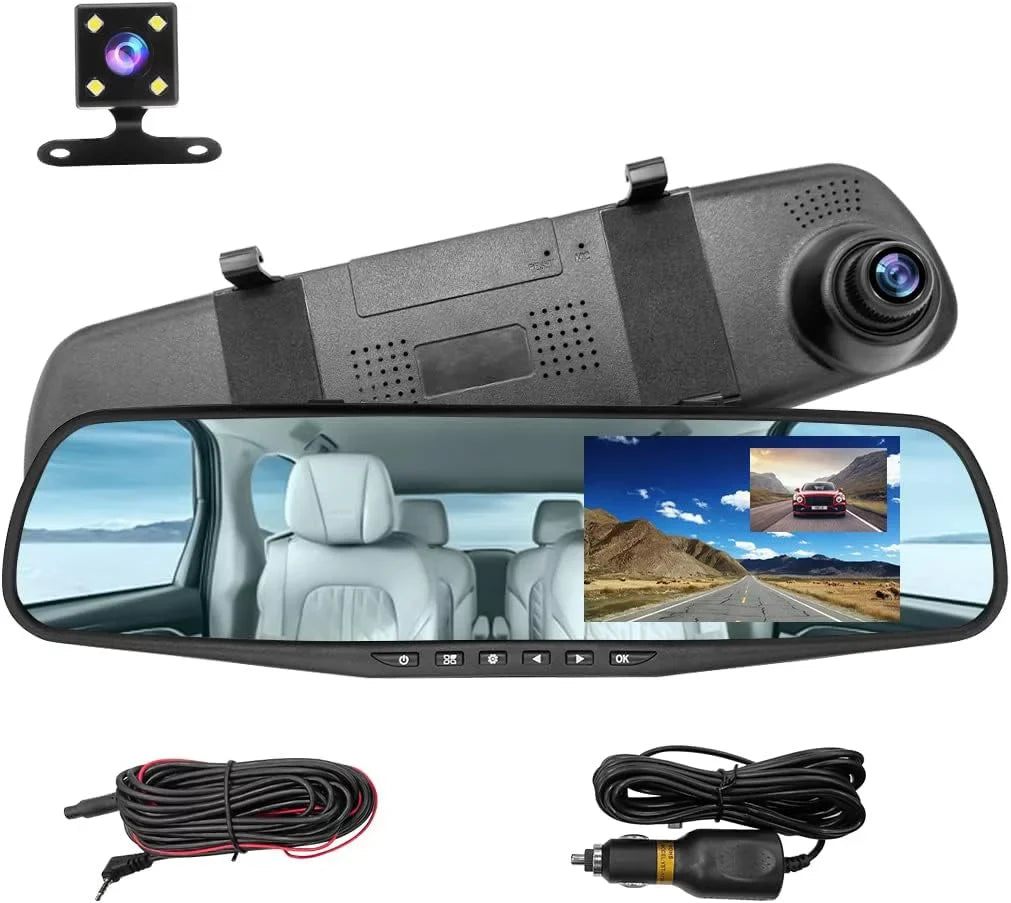 Front Cam Car, and Mirror Smart Backup HD Dash Angle, Wide for Waterproof Mirror Camera, Rearview Rear 1080P 4.3"