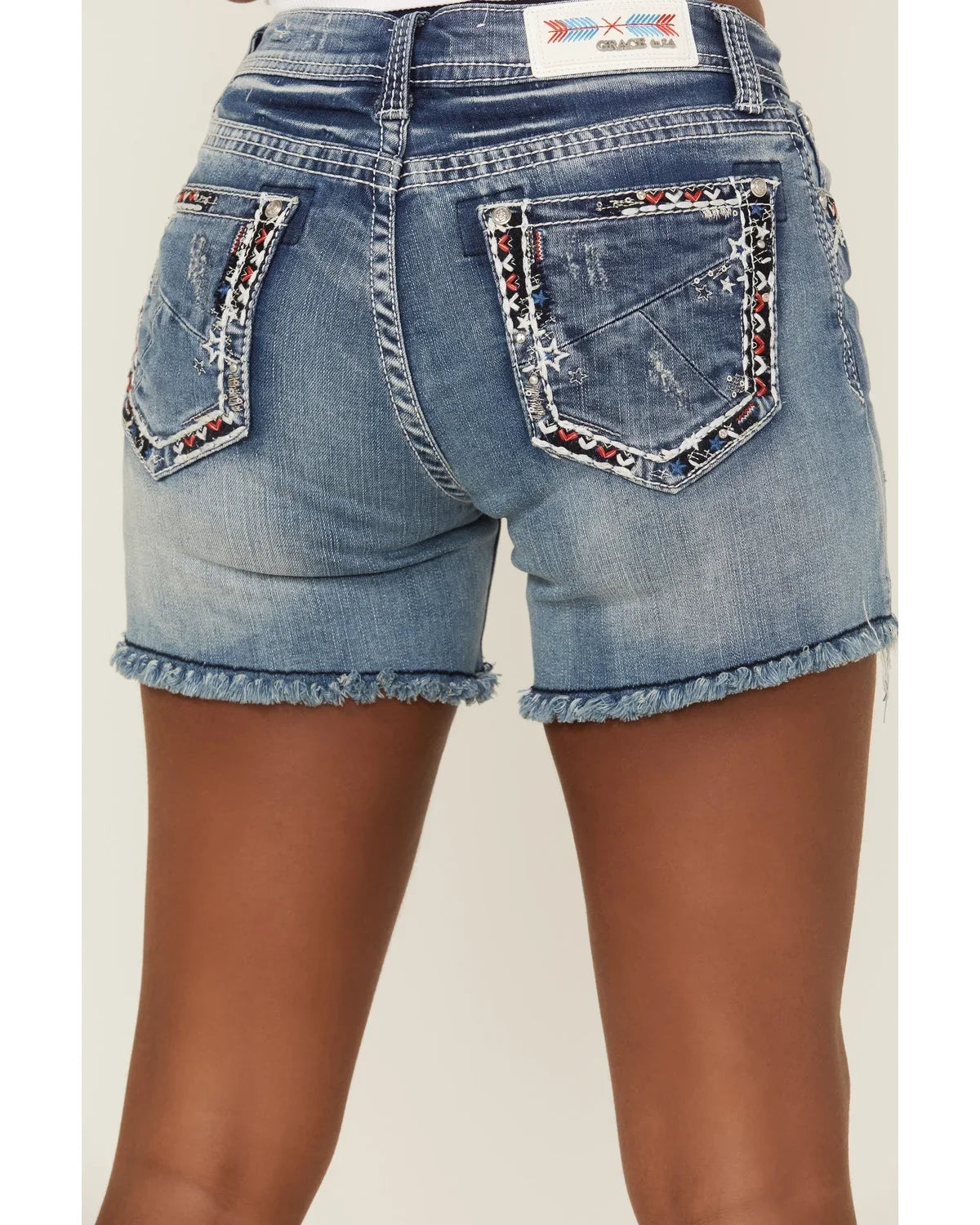 LA (26) Denim Jean Grace Distressed In Stretch Women's Shorts Americana Embroidered Cut-Off