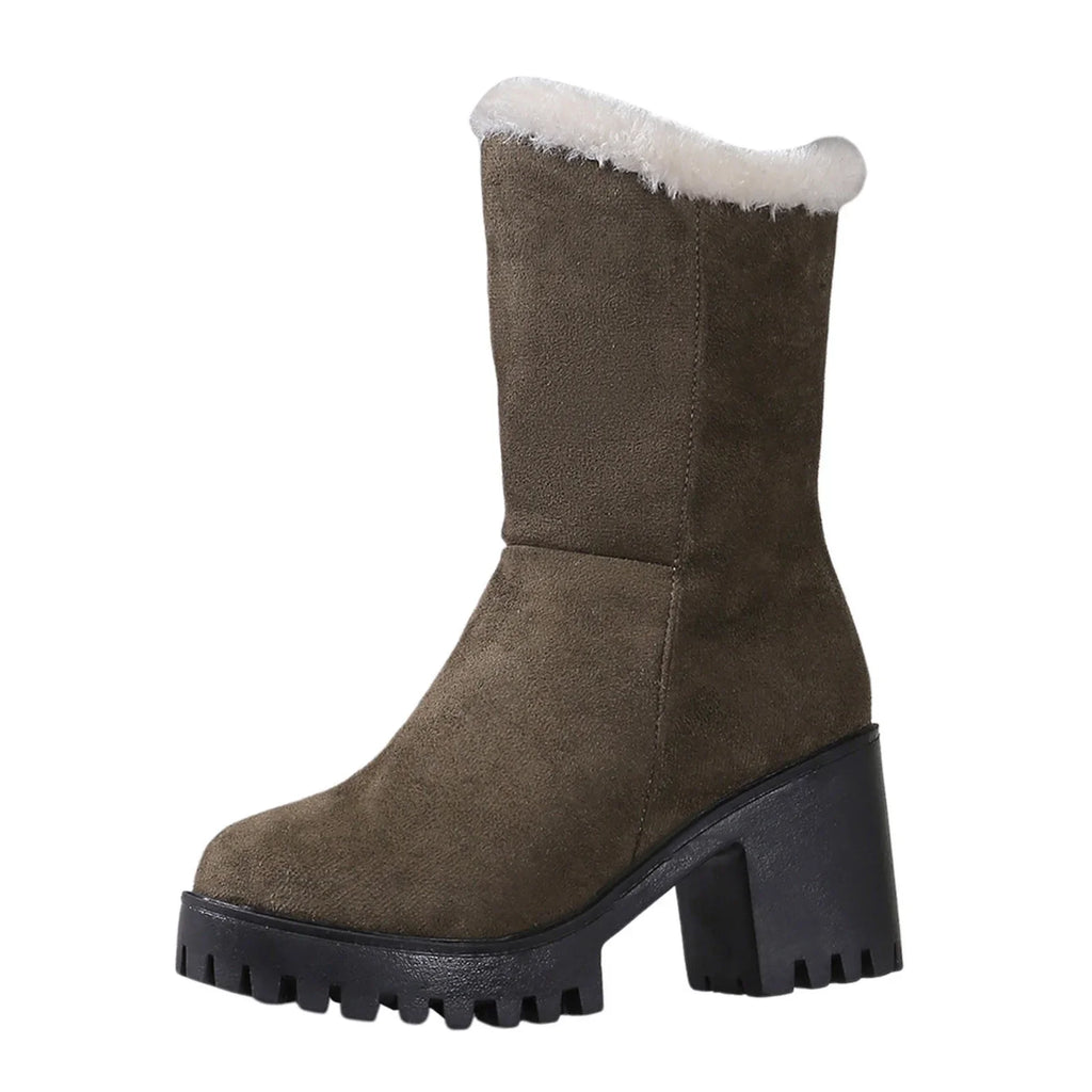 High Wide Warm Heel Hiking Thick Winter Plush Womens Suede Fashion Solid Boots Cotton Ladies Boots
