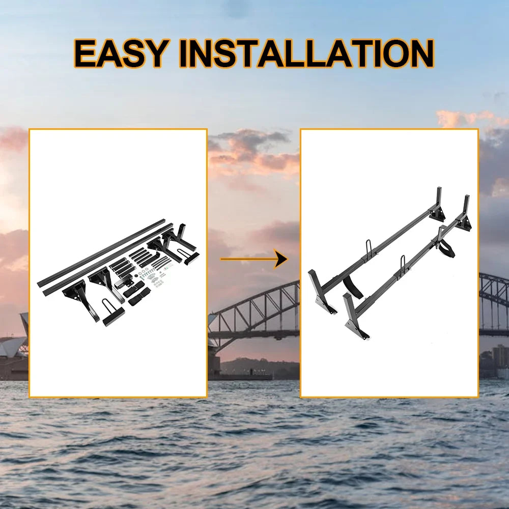 GMC Kojem Roof Rack Rack Vans 2 Universal Full-Size Ladders Carry Steel Bars Mount E-Series Adjustable Chevy Express Savana Ford for 68"-75"