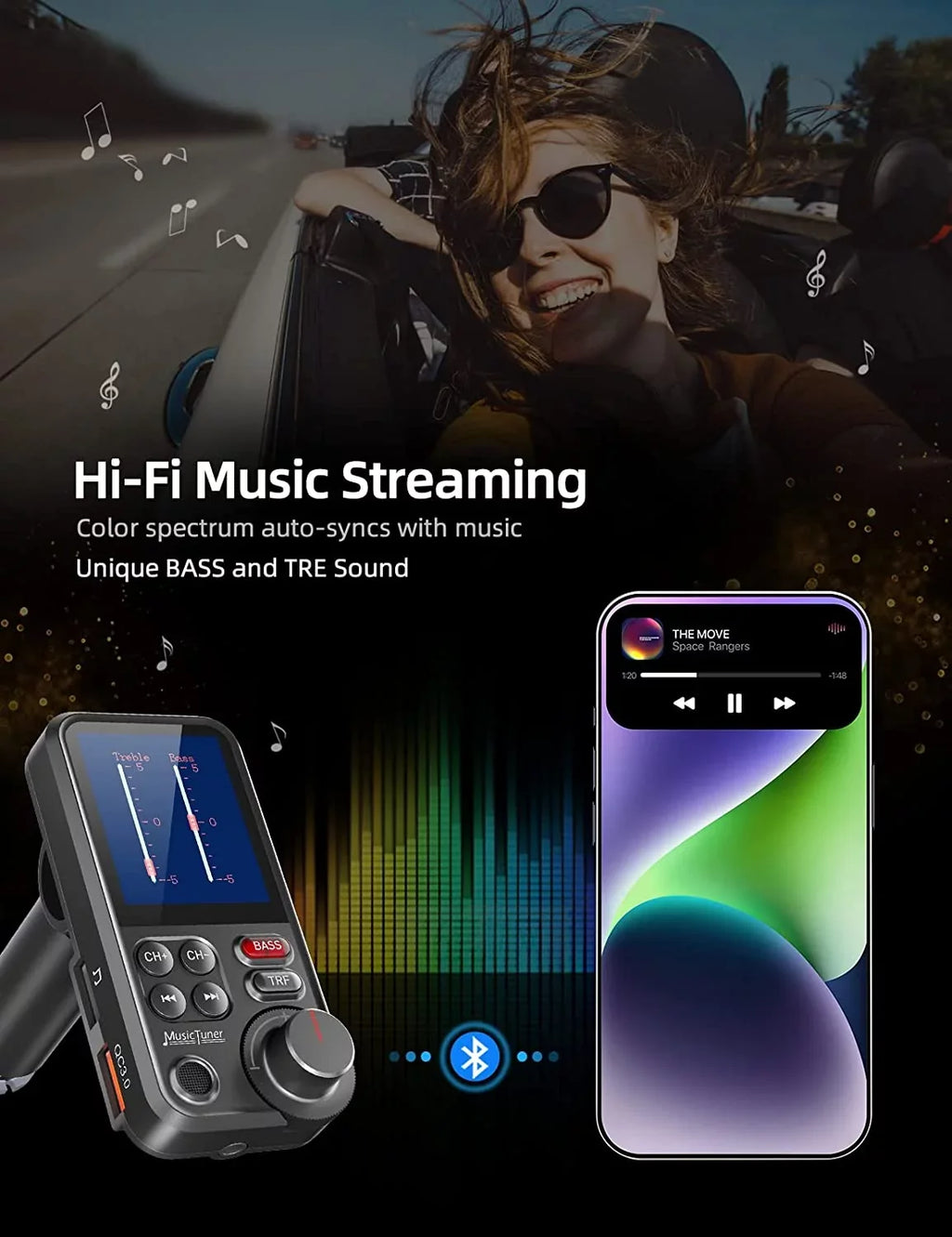 KM30 for Adapter Sound with and FM Bass Bluetooth QC3.0 Free Car Player- car, Screen Music Strong Charging, for Calls, Color Treble Microphone Hands 1.8" Supports Transmitter Bluetooth