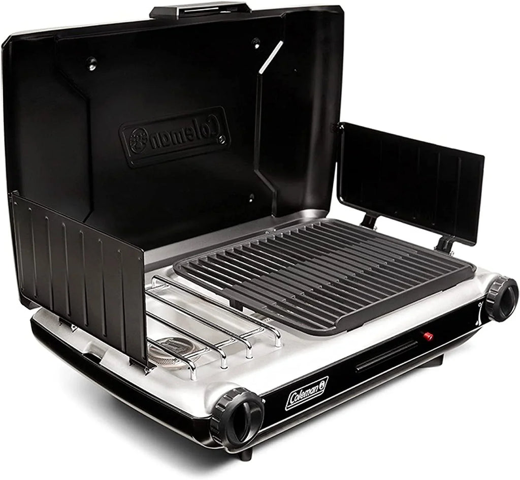 Camping with Guards, More & Starter, YUNWEN 2 Grill/Stove Tray, 20,000 Wind Camping, Classic 2-in-1 of Power Propane Grease BTUs Grill/Stove Tailgating, Adjustable Burners, for & with Push-Button