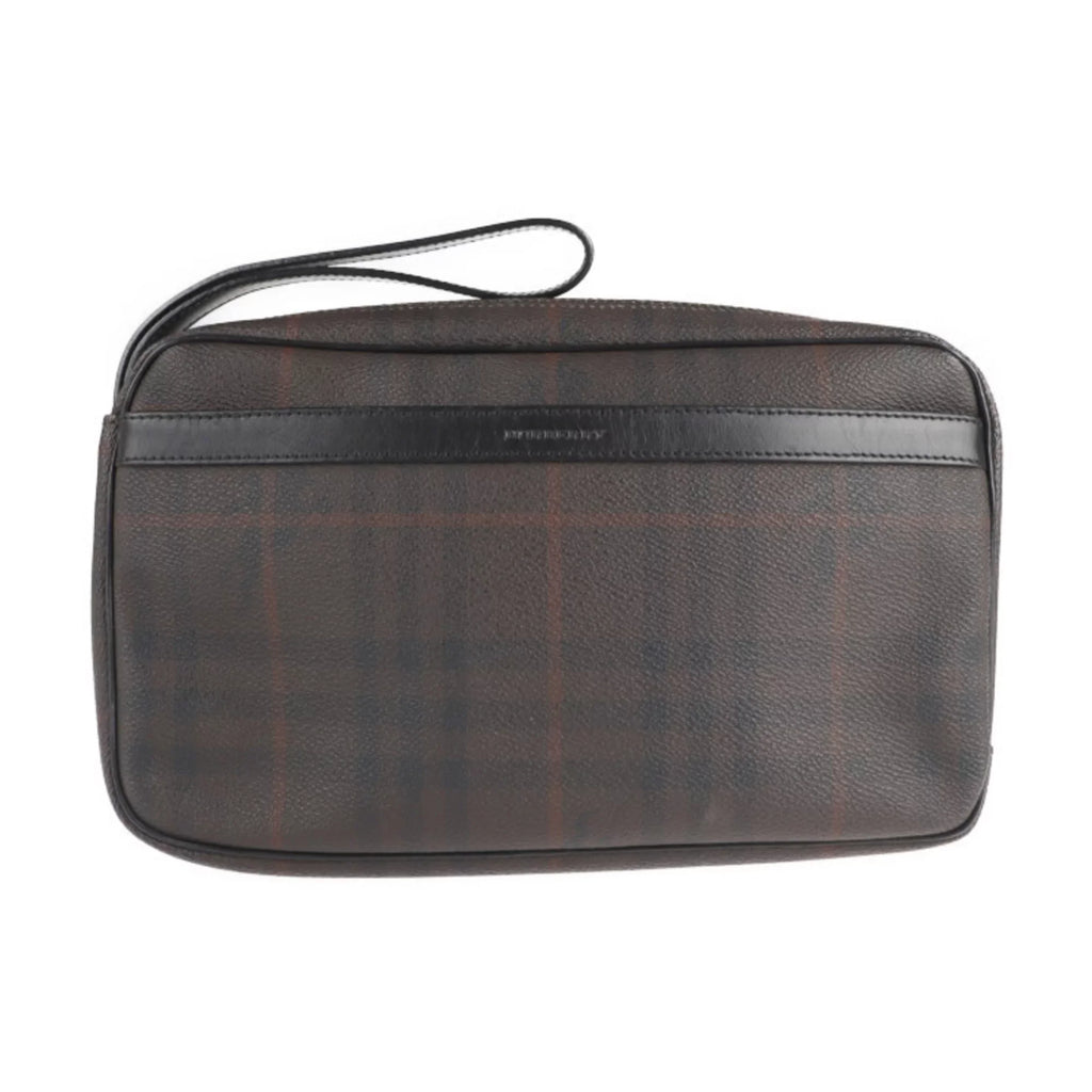 Pre-Owned BURBERRY Clutch Plaid Second PVC Burberry Dark Brown Bag (Good) Leather