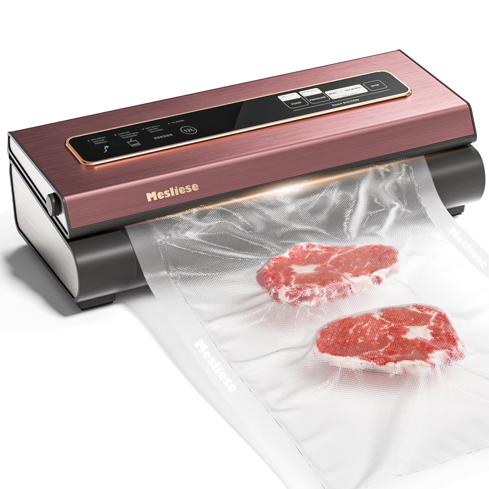 & (Pink) Precision Bags, Strip, Mesliese Dry&Moist 6-in-1 5 Preservation Rolls with Pre-cut 90Kpa Bag Widened Machine Powerful Modes 12mm System 2 Food Sealer Sealing Cutter, Vacuum Compact