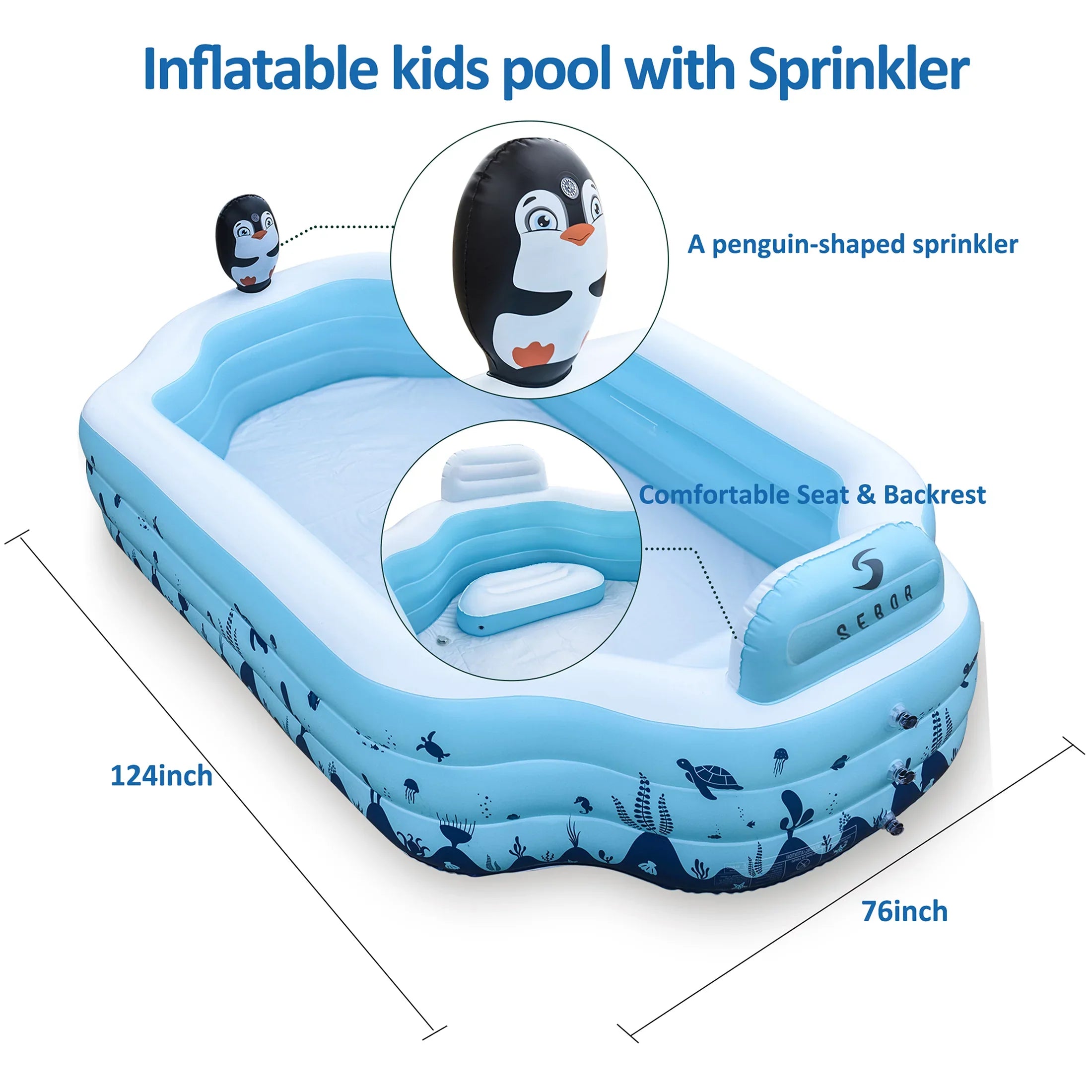 for x Adults, Sized 20'' Full Pool and x - 76'' Thickened Sebor Kids Pool Swimming and Sprinkler - Above Fun Garden, and Design for Seat with Ground Outdoor 10.3Ft Backyard, Inflatable Family,