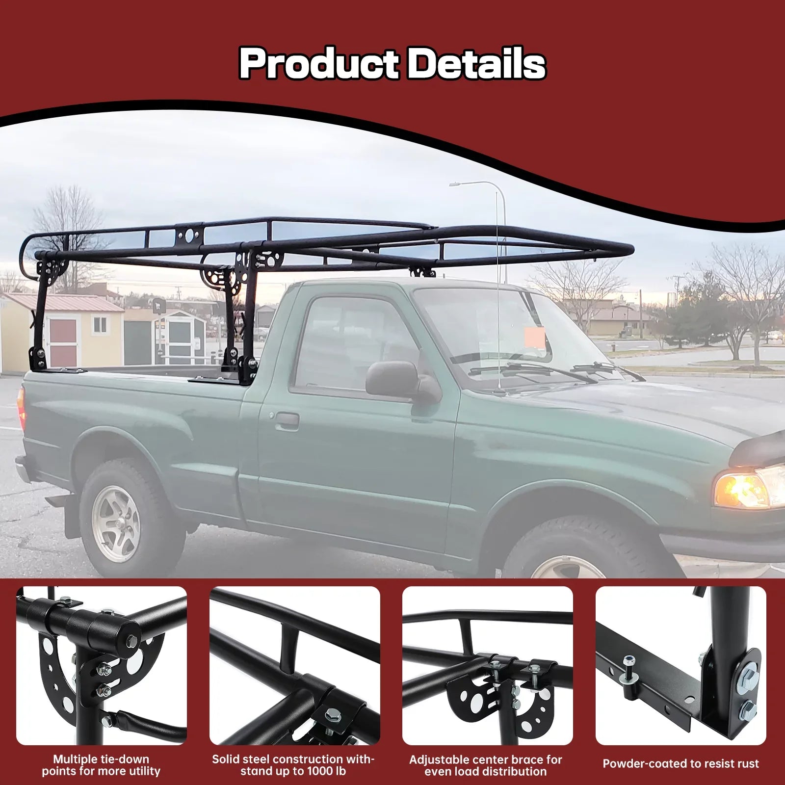 Kojem Rack Long Ladder Adjustable Bed 1000 Inch Lumber Contractors Universal 60 Bar Pickup Rack Over-Cab Kayak Cab Truck LBS Side
