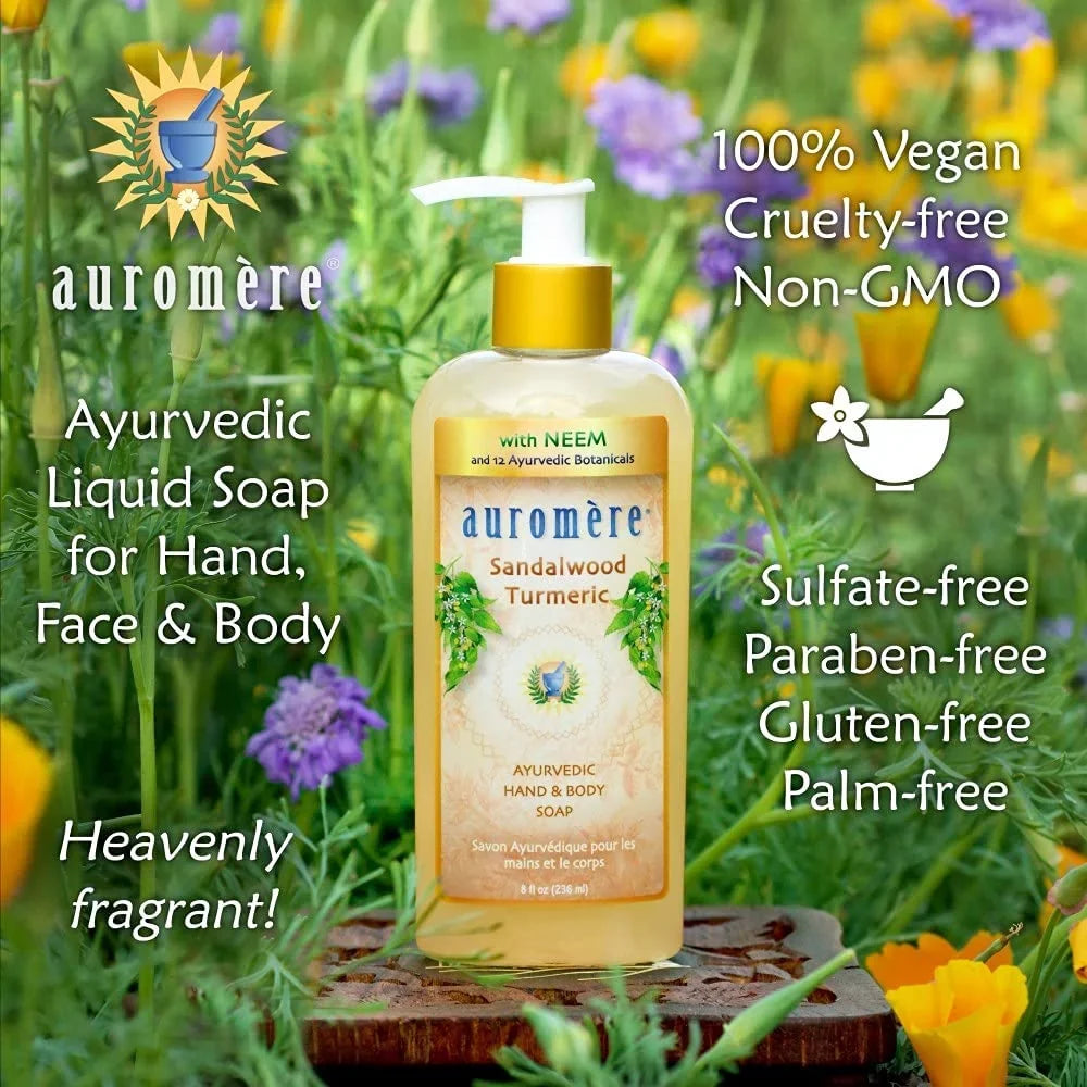 '- 2). Free, Cruelty Oil, 8Oz Natural, And Turmeric Liquid Auromere Neem Non Ayurvedic Sandalwood Soap, Coconut Gmo, With (Pack - Vegan, Gluten-Free Of Paraben-Free,