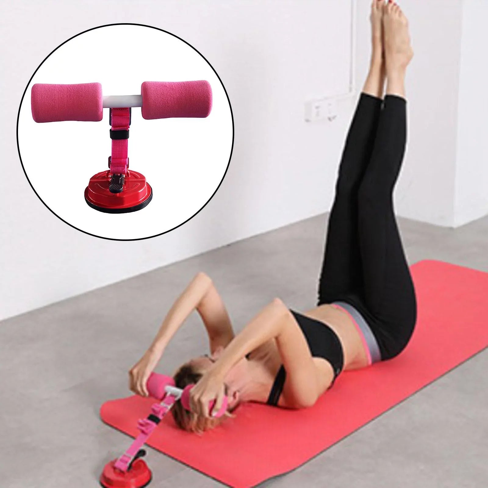 Suction Floor Belt Up Exercise Bar Stand pink with Abs Thigh Sit