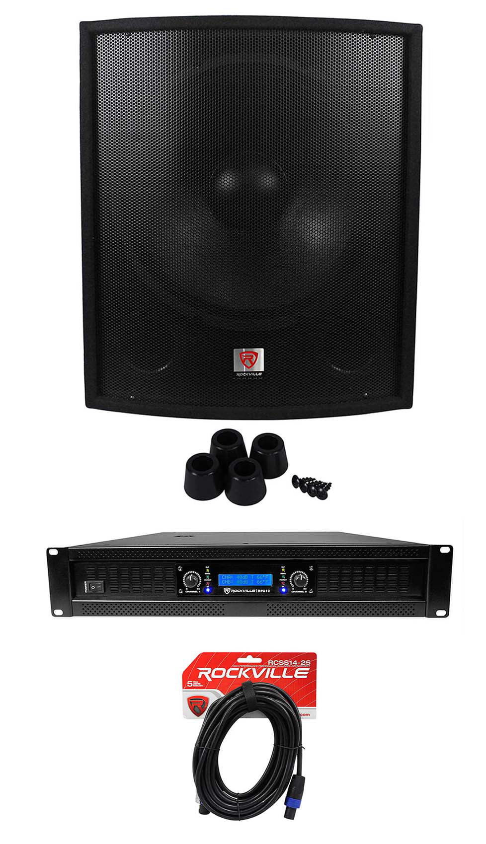 2-Channel Subwoofer Pro PA Rockville 18" DJ Sub+5000w SBG1188 Amplifier+Cable