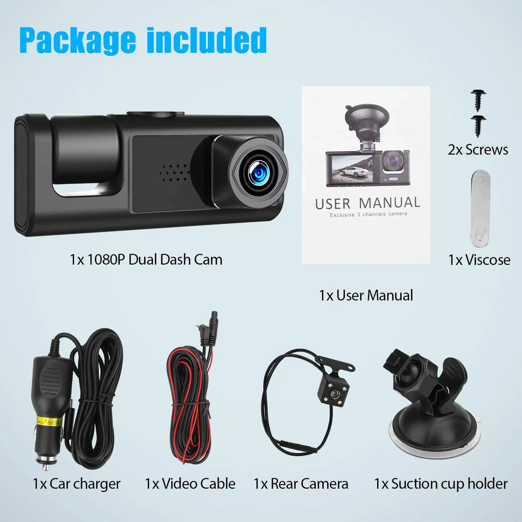 Car 1080P Triple Card, Way Channel Backup DVR Inside Dash TF Vision, Cam, Camera, 3 3 Cam Recorder, IR Dash Front Rear Dashboard G-Sensor Driving W/32GB Inside Camera Night Dual