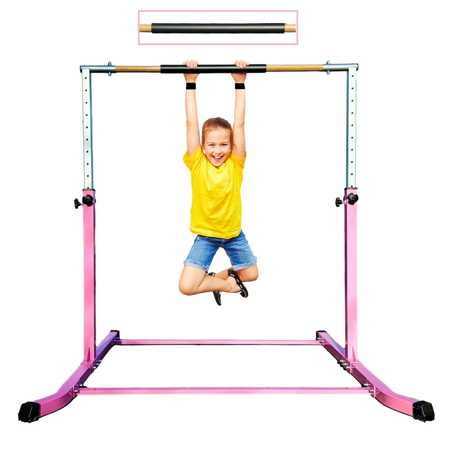 Pro-Gymnastics Expandable Bar 13 (Pink) Kip Horizontal Asymmetric Cushioned Gymnastic Bar & to 5 Legs FT Gymnastics Level Junior Training Bar Bar 3 Curved Height Bar Adjustable High