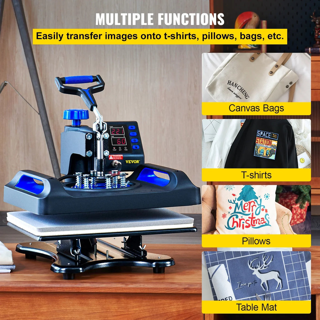 Printer Digital Fast with 15" Vinyl Press Transfer Machine, Pressing Canvas x 12" T-Shirt Surface, Sublimation Heating 360 Blue Anti-Scald Heat Machine, Away BENTISM Pillow, Swing Bag,