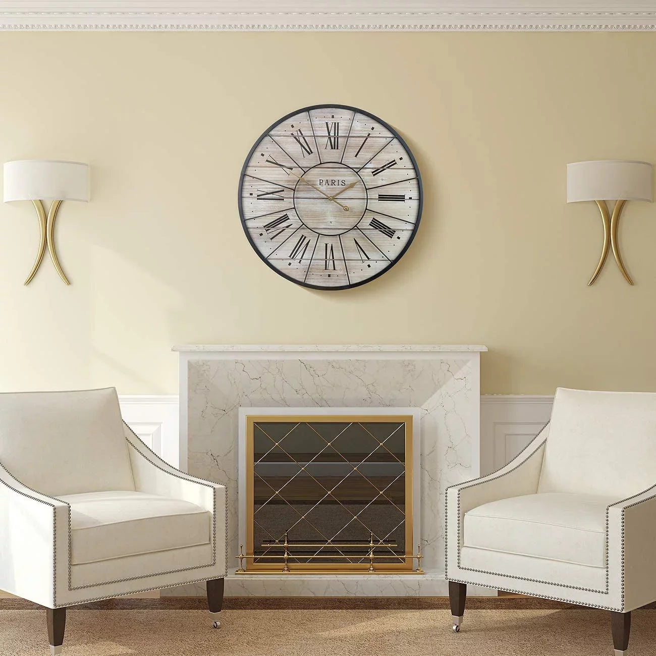 Roman Ideal 24¡± Hands, Living Numeral Paris Clock, Metal Wall Round Wood Analog Clock, Oversized French Sorbus Farmhouse Decor Rustic for Modern Country Centurion Decorative Large Room, Parisian