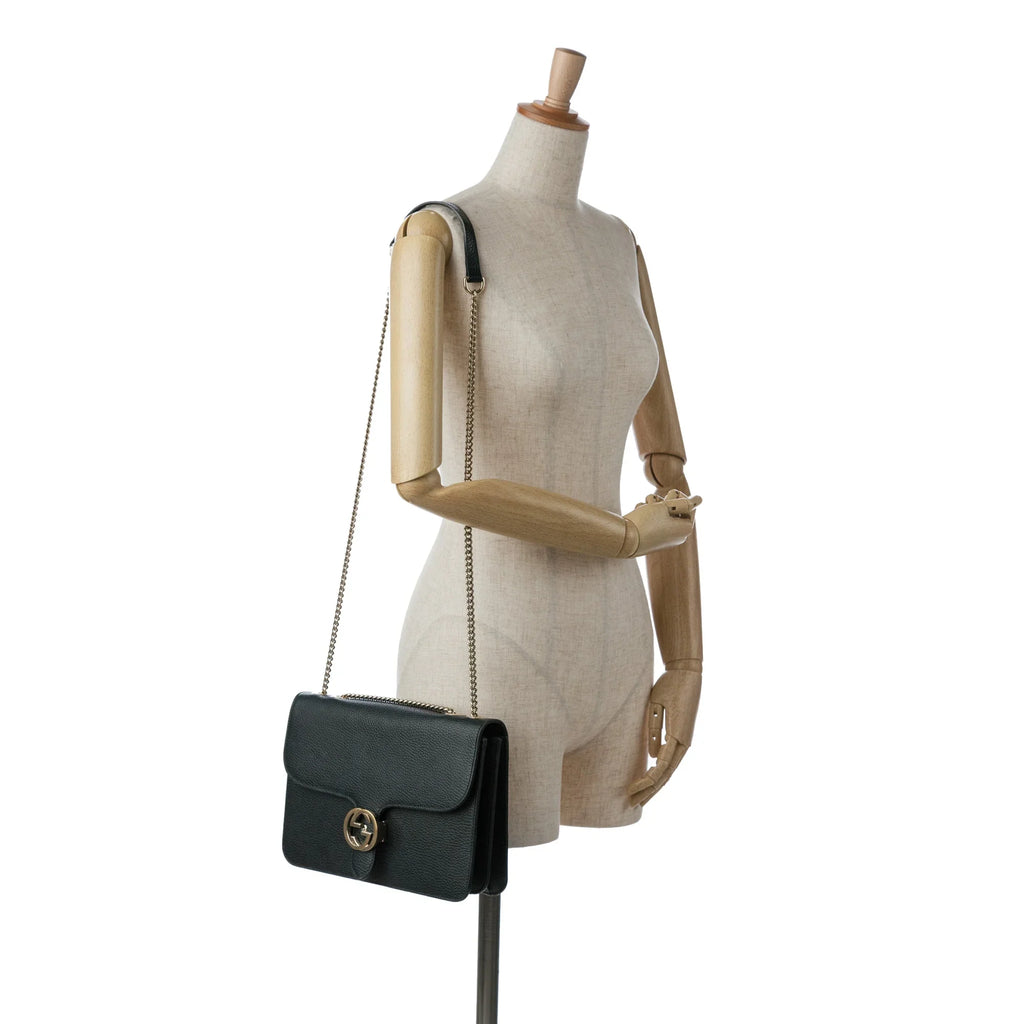 Crossbody (Good) Medium G Authenticated Gucci Unisex Pre-Owned Black Leather Interlocking Bag Calf Dollar