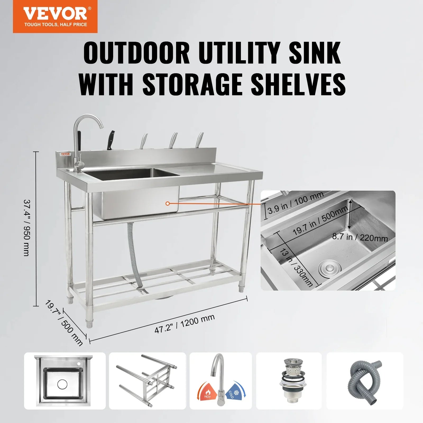 in Bowl BENTISM Utility Stainless Steel 47.2x19.7x37.4 w/Workbench Sink Single