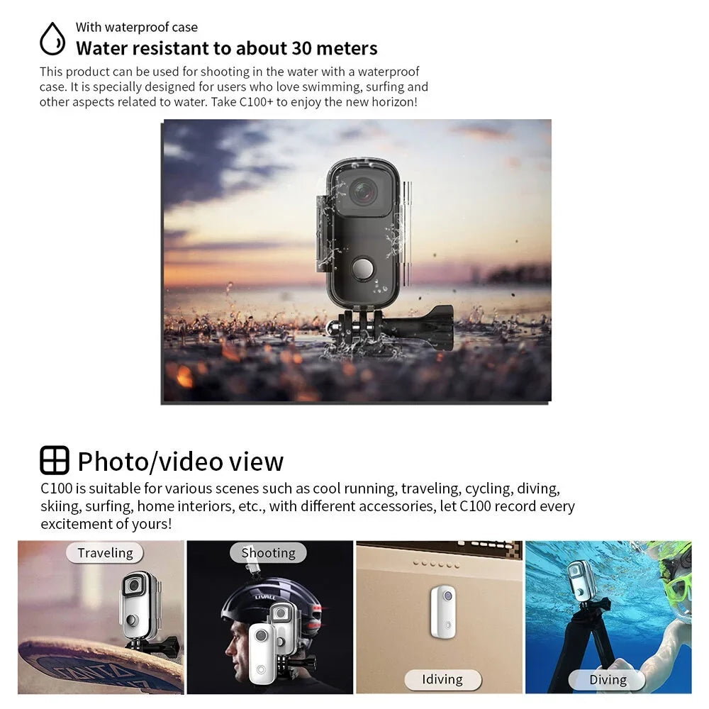 C100 SJCAM Camera Case Action 1080P/30fps Back WiFi Waterproof Digital with Camera Video APP Built-in Magnetic Lanyard Mini Clip Body Connection Battery Sharing 30M Waterproof