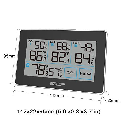 3 Stand Humidity Black LCD, Real-Time Digital and Station Tracker Distance 262 with Meter Touchscreen, Hanging Temperature Built-in - ft Weather Slot, Remote and Max with BALDR Wireless Sensors,