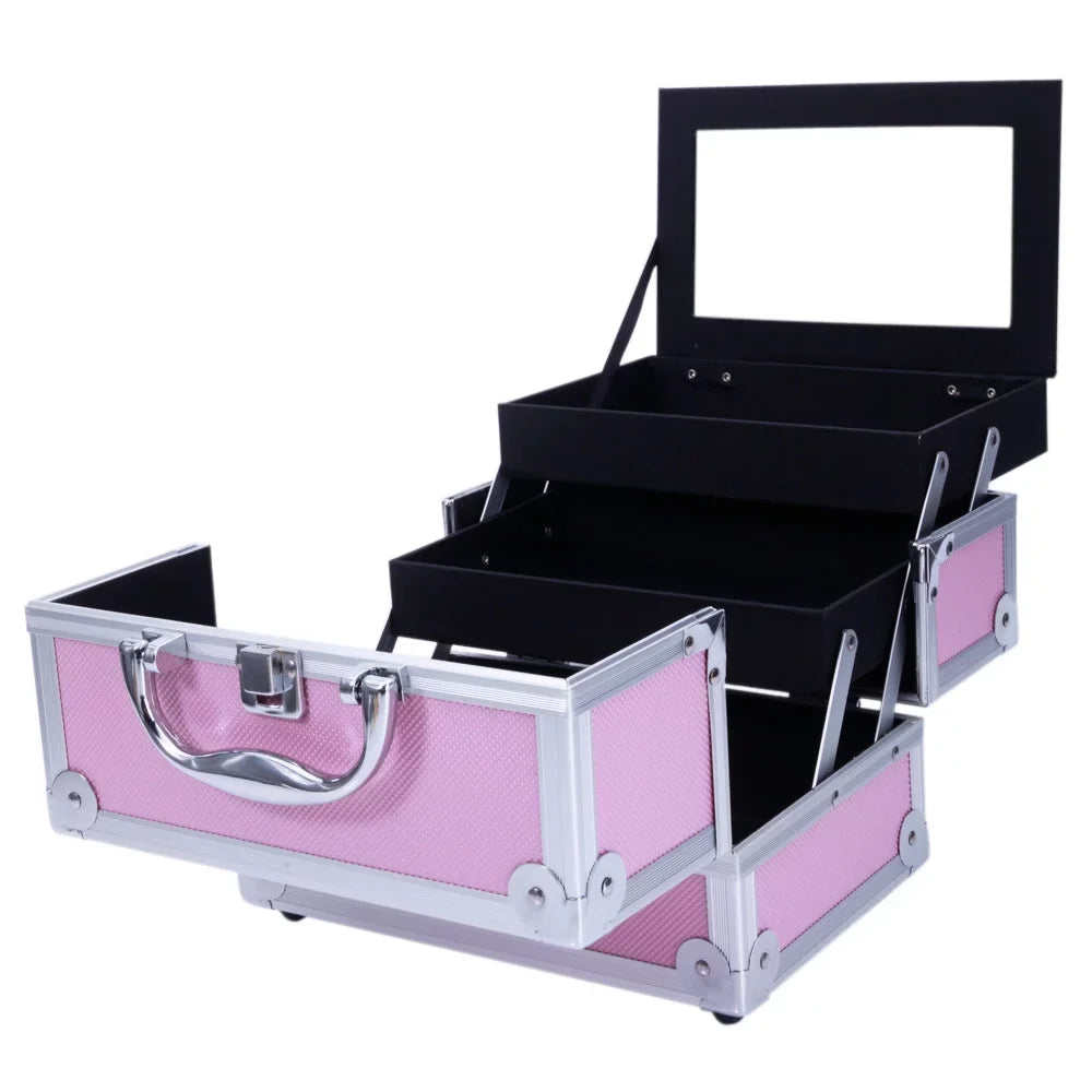 Box Train Makeup Mirror Bag Pink Portable Jewelry with Case Zimtown Aluminum Storage Silver Lock Case