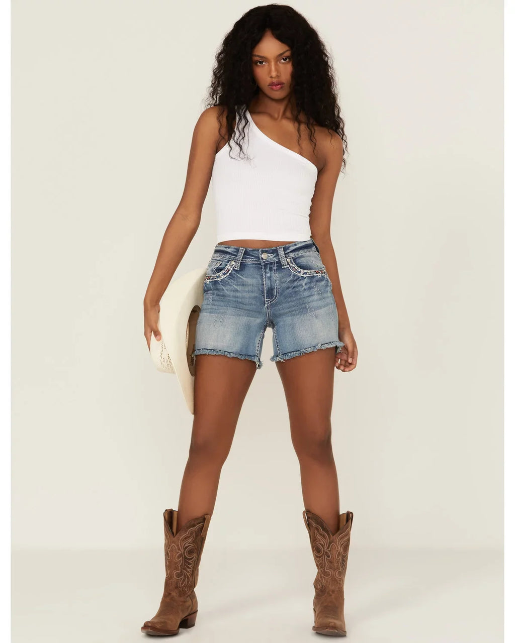 LA (26) Denim Jean Grace Distressed In Stretch Women's Shorts Americana Embroidered Cut-Off