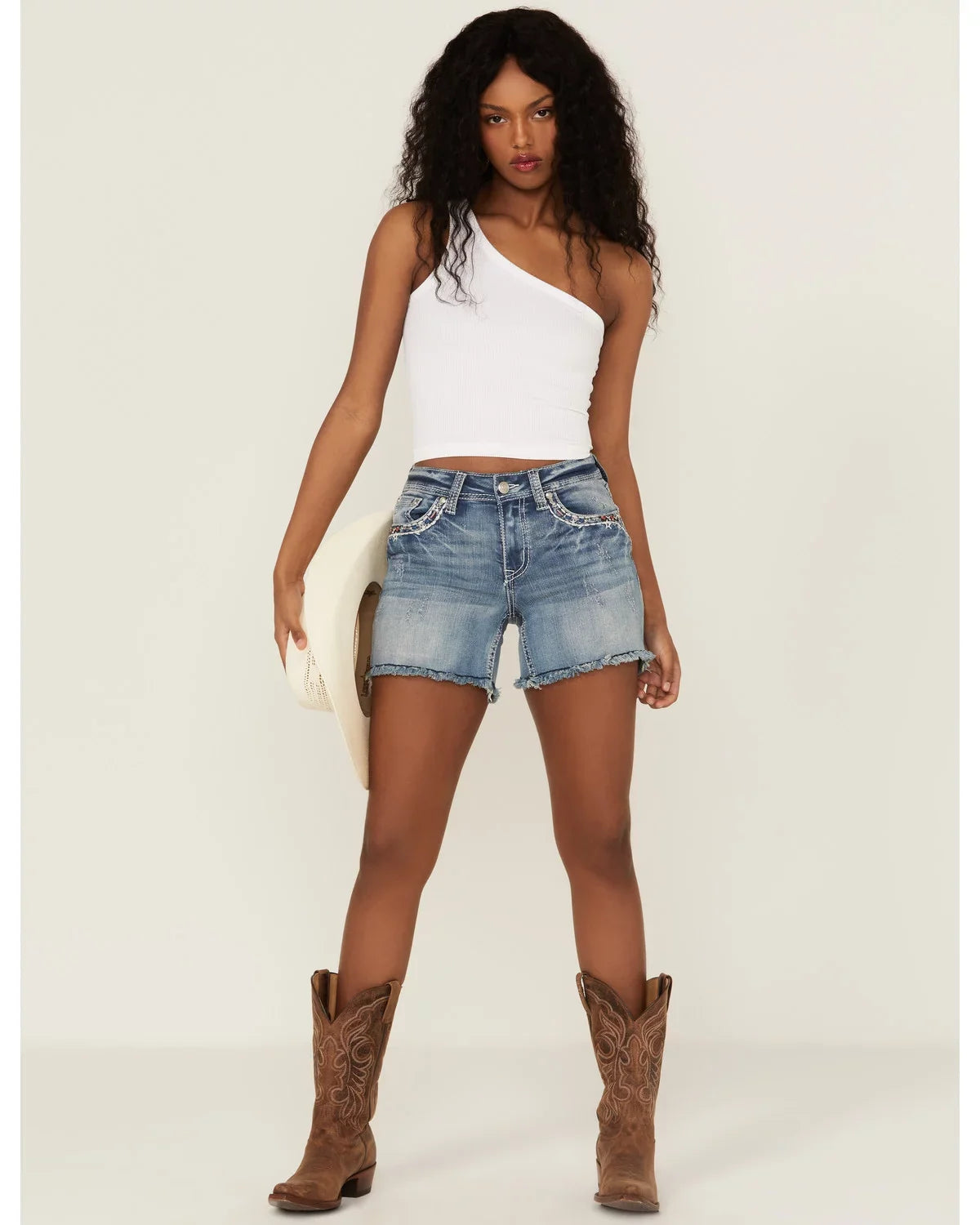 LA (26) Denim Jean Grace Distressed In Stretch Women's Shorts Americana Embroidered Cut-Off