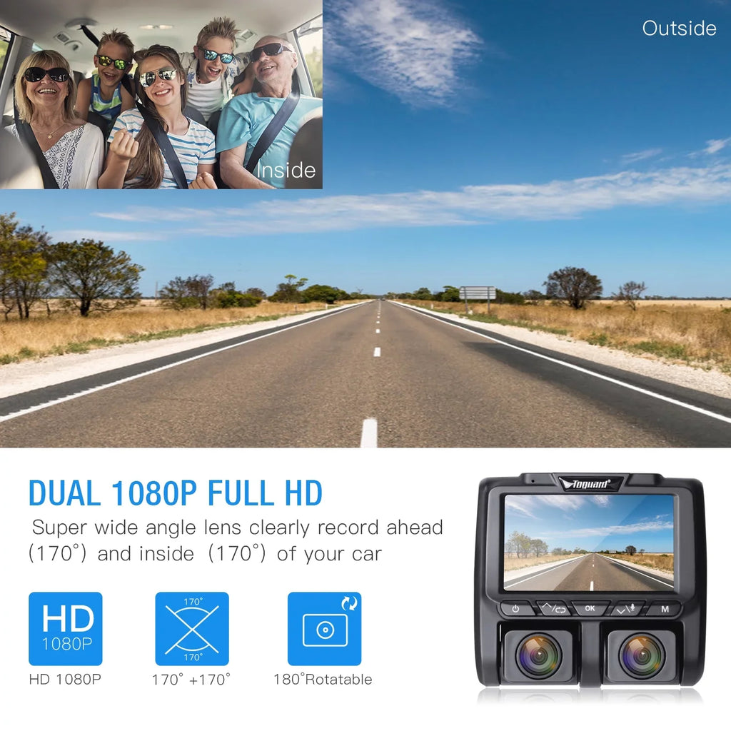 Dash Black 1080P+1080P Camera Front Cams and Inside LCD 3" Cam, Car Dashboard Dual Camera TOGUARD Dash Full HD