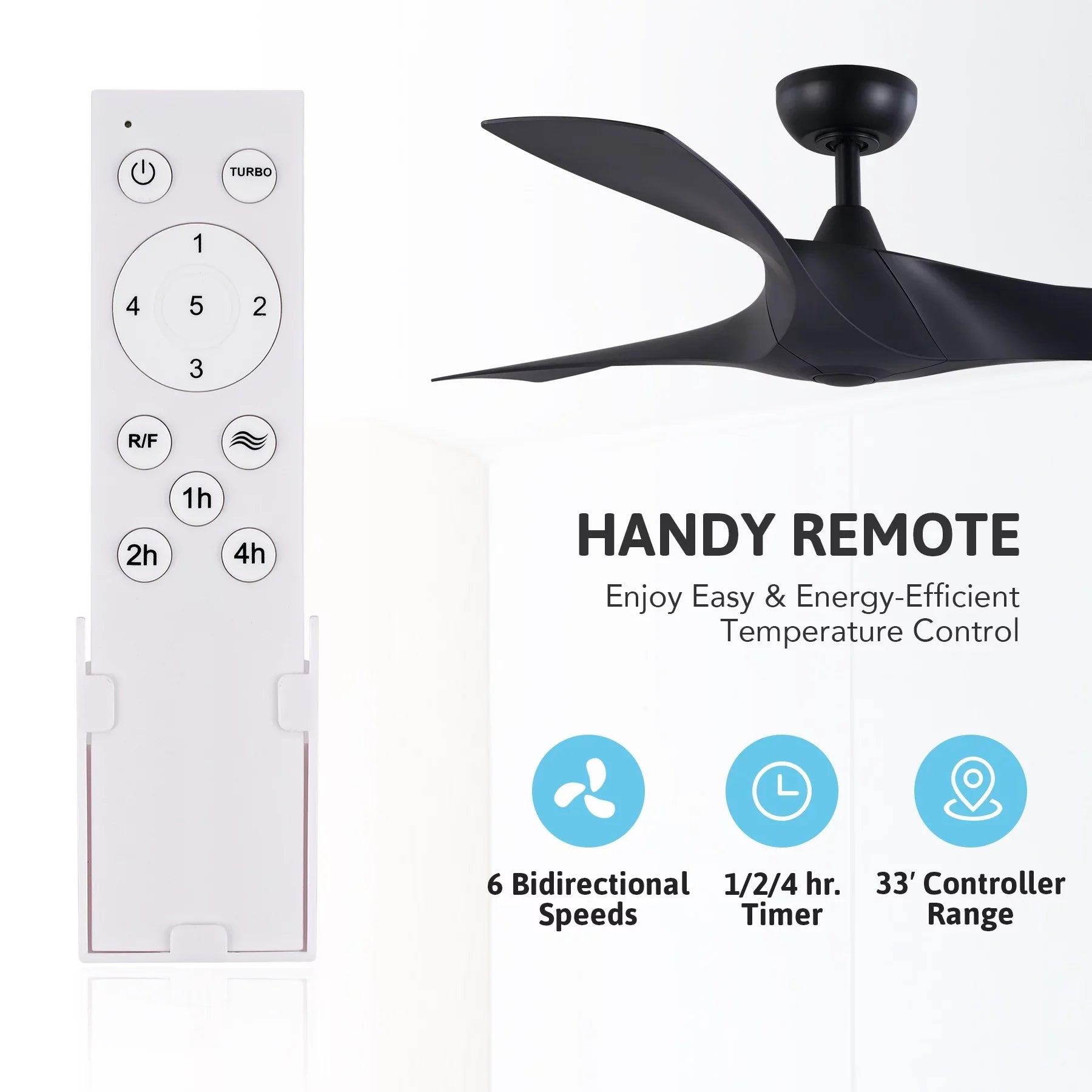 Fan Remote 3 Control, Ceiling Timer, Blades, Black with 52" 6 Speeds, Smart