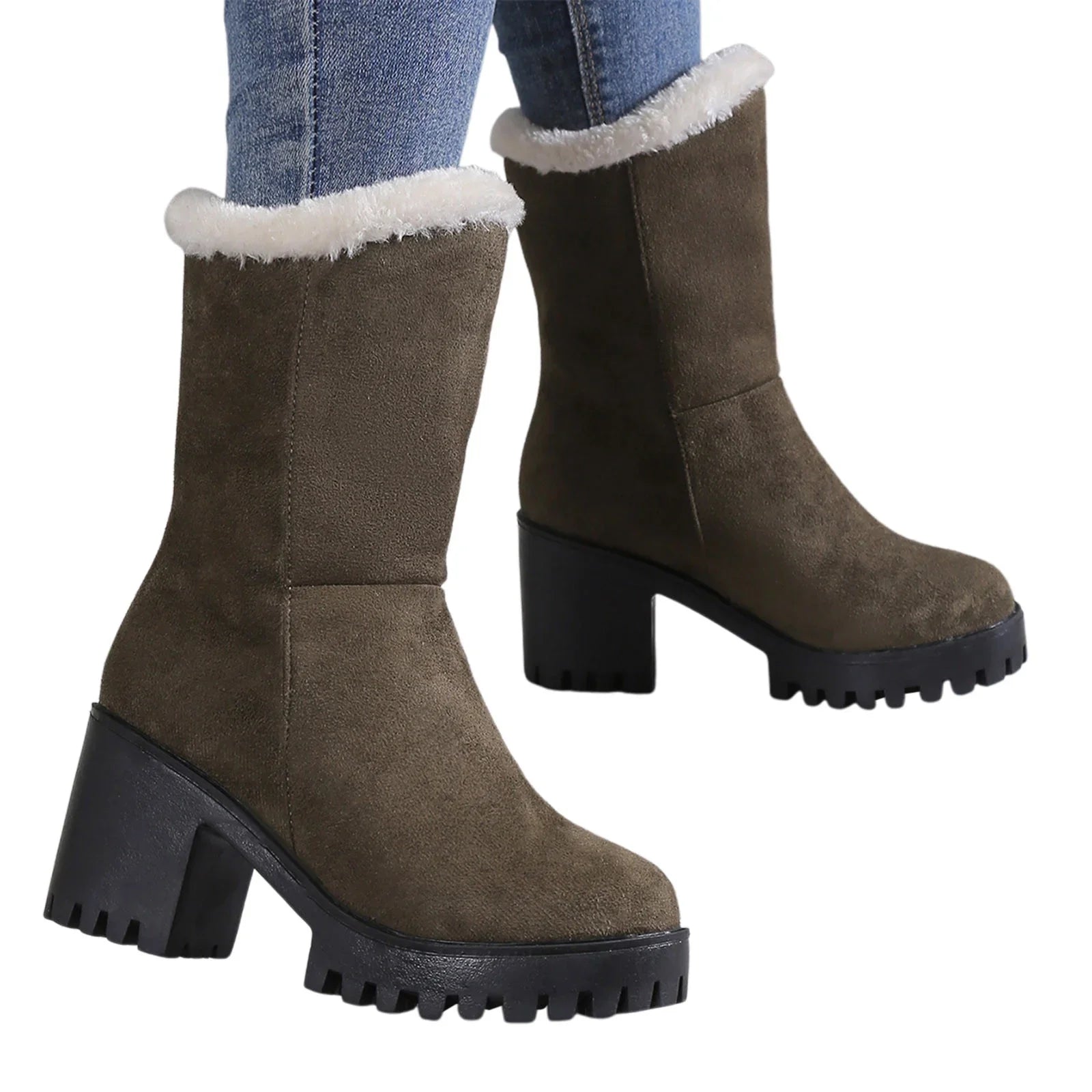 High Wide Warm Heel Hiking Thick Winter Plush Womens Suede Fashion Solid Boots Cotton Ladies Boots