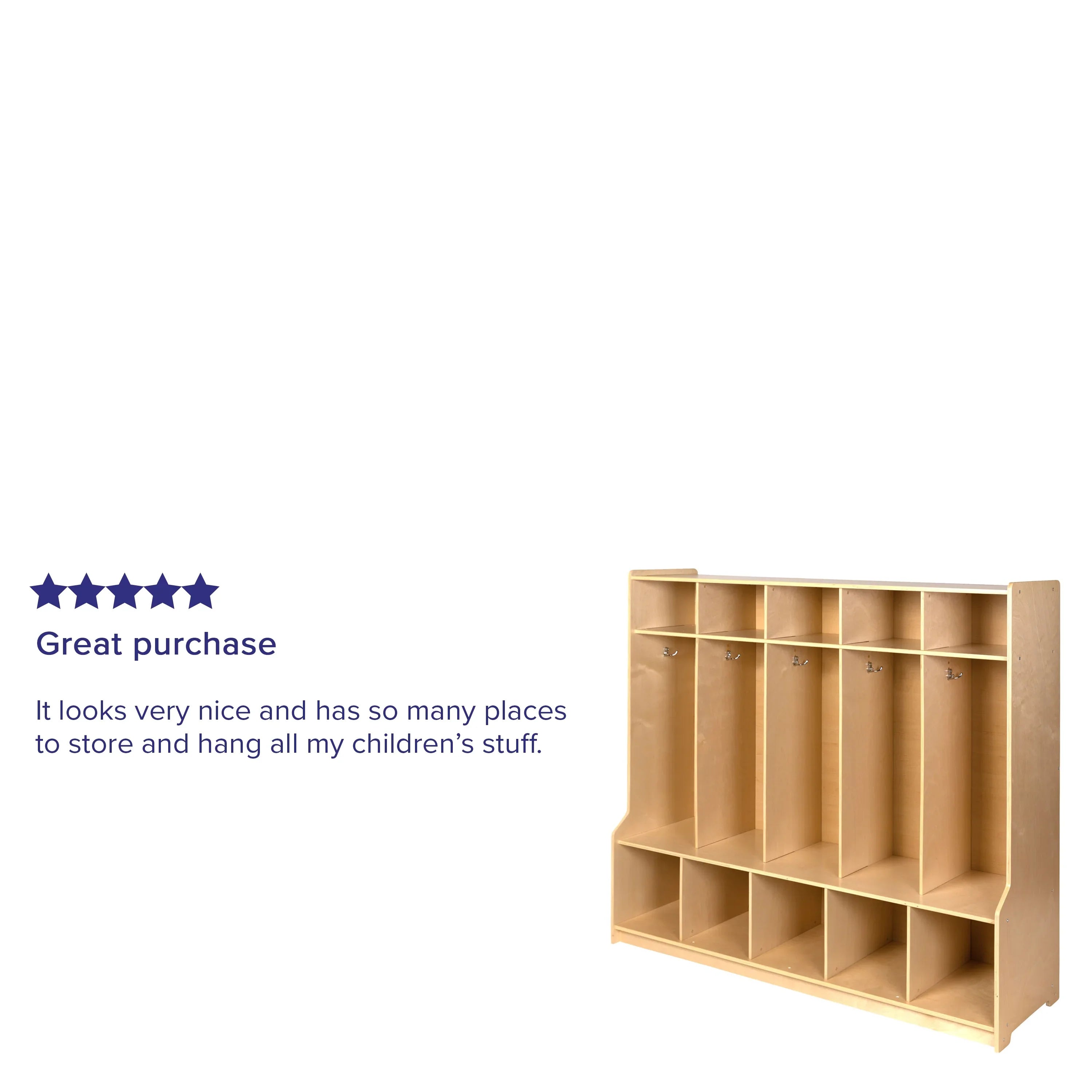 Organizer Hook-Safe, - with Locker Friendly Kid Bench, 48"L x Wooden (Natural) Design School 48"H Section Coat BizChair 5 and Storage Cubbies,