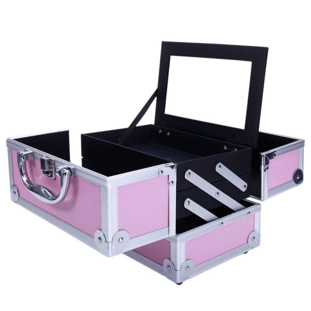 Box Train Makeup Mirror Bag Pink Portable Jewelry with Case Zimtown Aluminum Storage Silver Lock Case