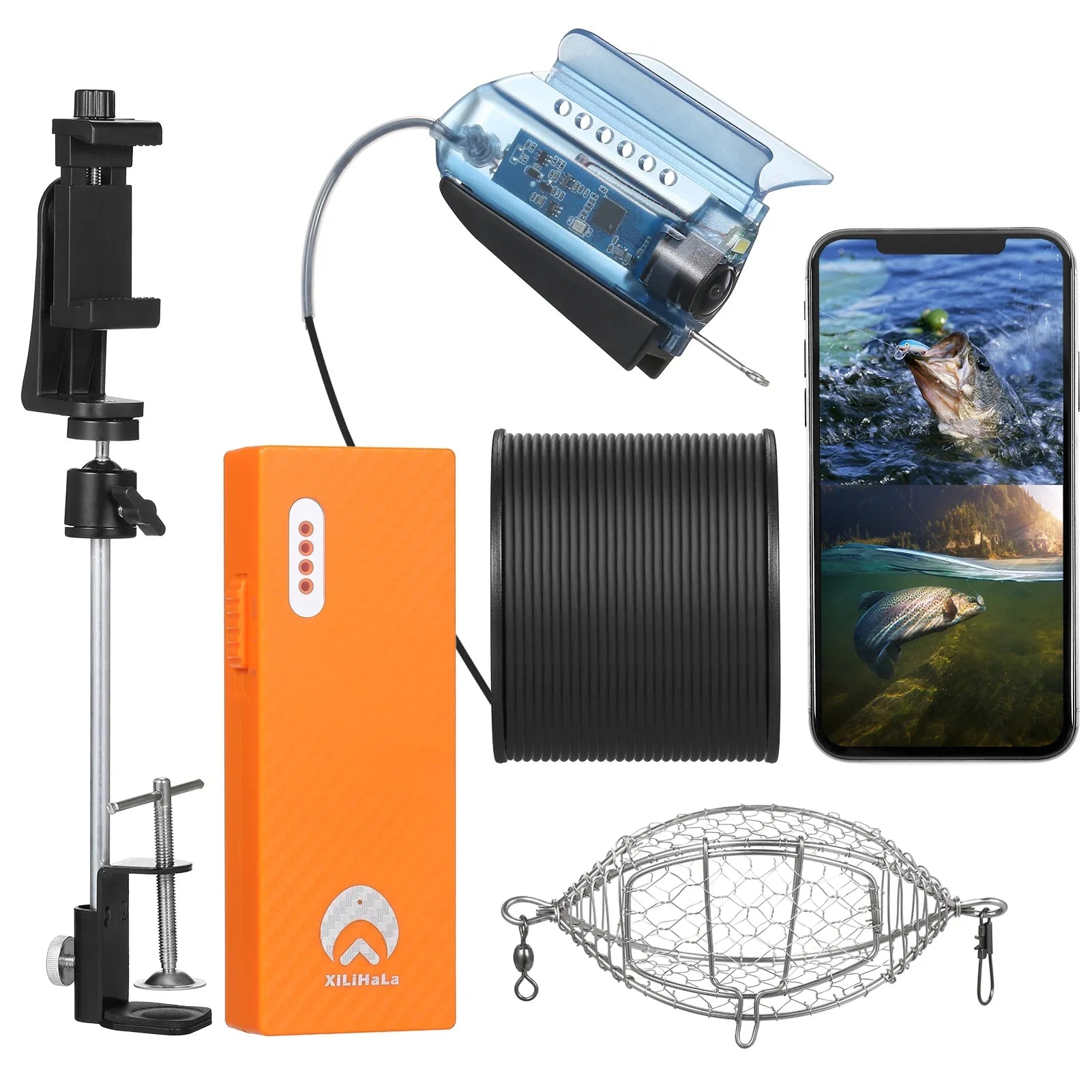 Boat Cage Holder Finder Fishing Sea with Lake Kayak Ice with 50M Control Cable Fishing Live Camera APP Case Underwater Bait 1080P Camera Video Carry for Fish Fishing Phone Mobile Dcenta