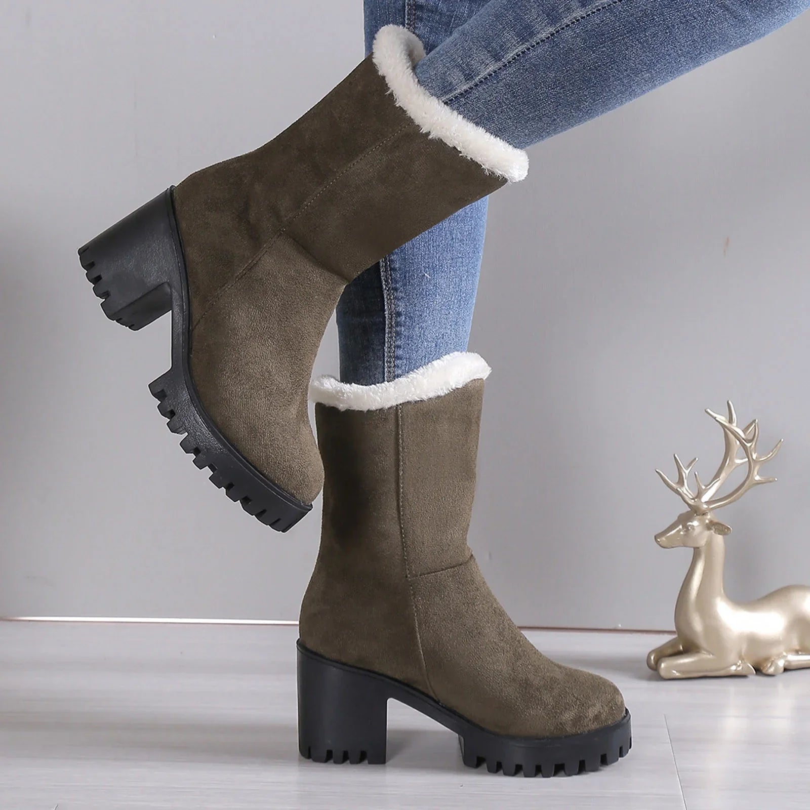 High Wide Warm Heel Hiking Thick Winter Plush Womens Suede Fashion Solid Boots Cotton Ladies Boots