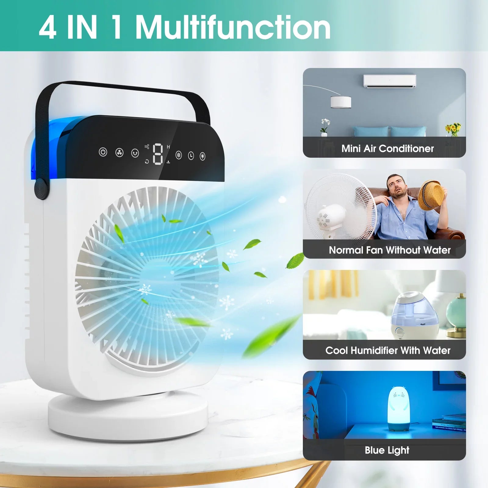 Small Camping Office Desktop Light Evaporative Portable Cooling With Led With Personal 4 For Speeds,Oscillation/Humidifier/Timing Fan Air Conditioner,Mini Function, Room Cooler Air