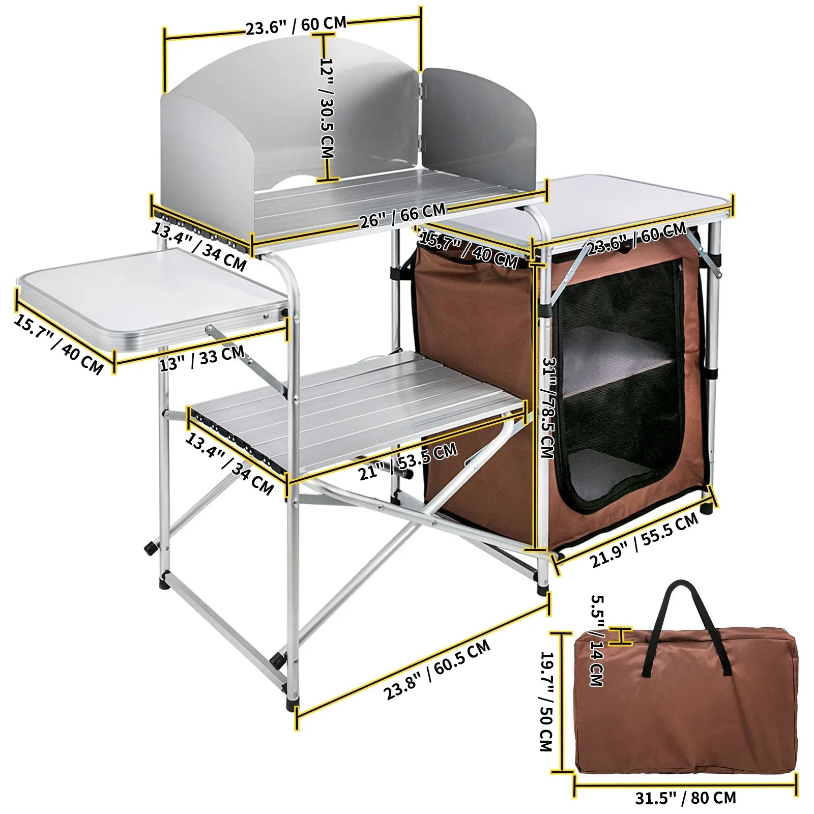 Folding Zippered Party, Color, Camping, 2-Tier, with Table Cook Camping Table Kitchen Outdoor BBQ, Bag for SKYSHALO Portable Brown Camp Table