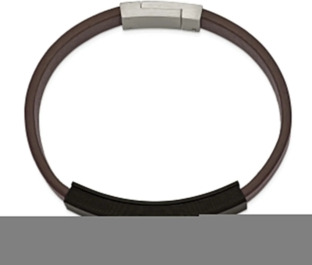 Chisel 8" Cross Polished Fiber Bracelet Steel Leather - Stainless Solid Faux Brown Carbon