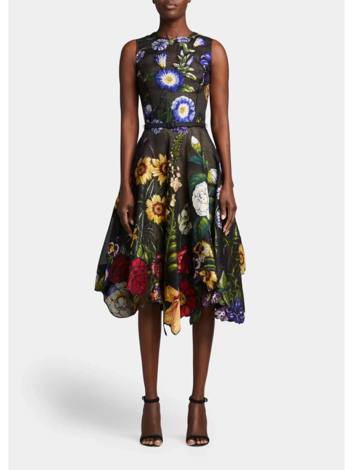 Belted OSCAR Sheer Black Dress Zippered 8 Sleeveless Fit Handkerchief Neck Lined Round RENTA LA + Womens Flare Midi Floral Hem DE