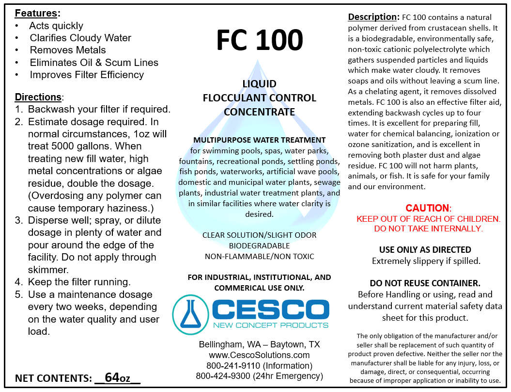 Non-Toxic Flocculant Pool Safe - Supplies Pond, - Water - FC-100 Eco-Friendly, Pool, Concentrated Liquid - Solutions Swimming 64 for Pool Cesco Chemicals Oz Cleaning Spa Clarifier