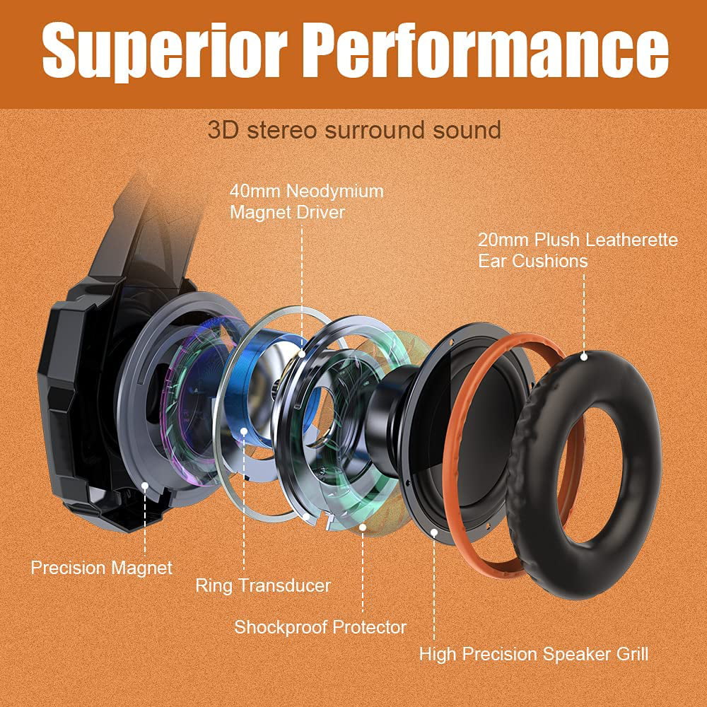 Soft BENGOO LED Cancelling Xbox One PS4, Headset Gaming with Over Ear Surround, Mic, Memory Headphones Stereo Bass PC, Earmuffs Noise (Orange) Controller, G9000 Light, for