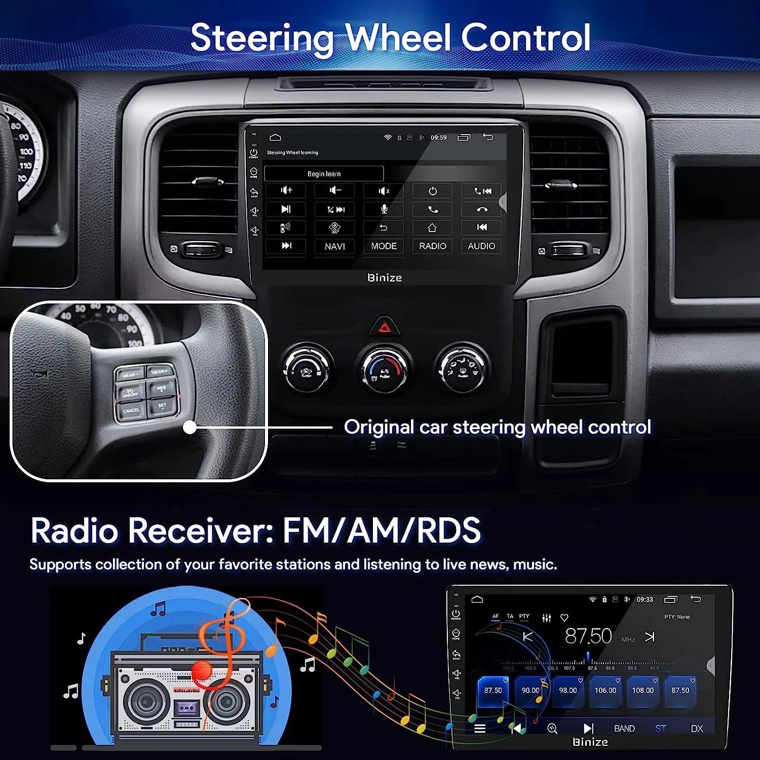 in-Dash 2500 3500 Dodge Camera/DSP/SWC/BT/WiFi/2+32GB Auto/AM/FM/Backup with Double for Din Stereo 2013-2018, CarPlay/Android Car GPS Radio Unit 9" Android Ram 1500 Wireless Navigation Binize 12