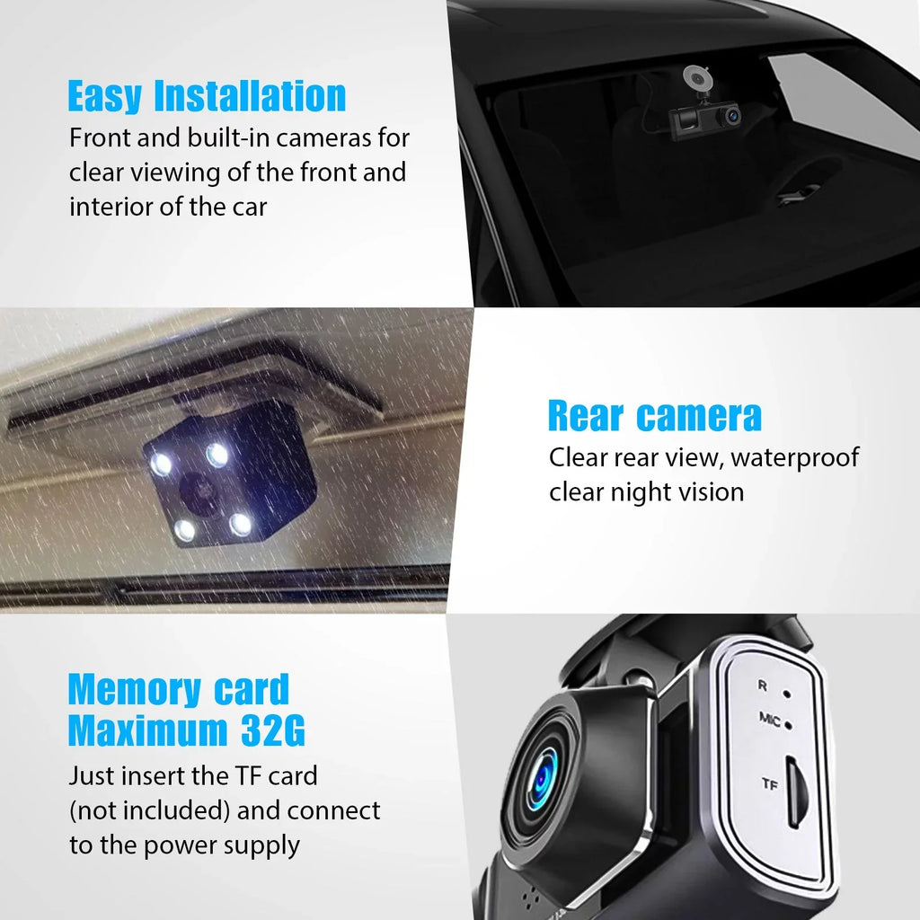 Car 1080P Triple Card, Way Channel Backup DVR Inside Dash TF Vision, Cam, Camera, 3 3 Cam Recorder, IR Dash Front Rear Dashboard G-Sensor Driving W/32GB Inside Camera Night Dual