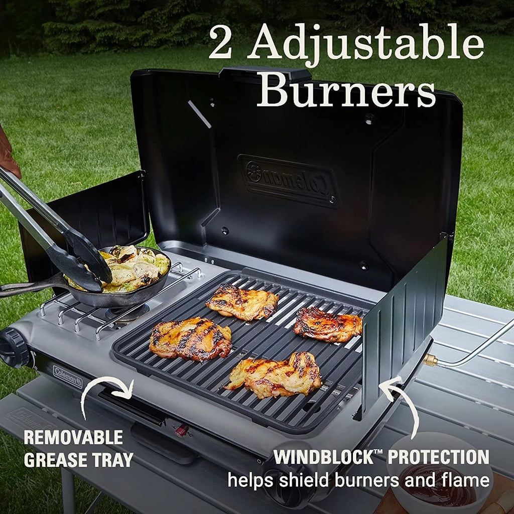 Camping with Guards, More & Starter, YUNWEN 2 Grill/Stove Tray, 20,000 Wind Camping, Classic 2-in-1 of Power Propane Grease BTUs Grill/Stove Tailgating, Adjustable Burners, for & with Push-Button