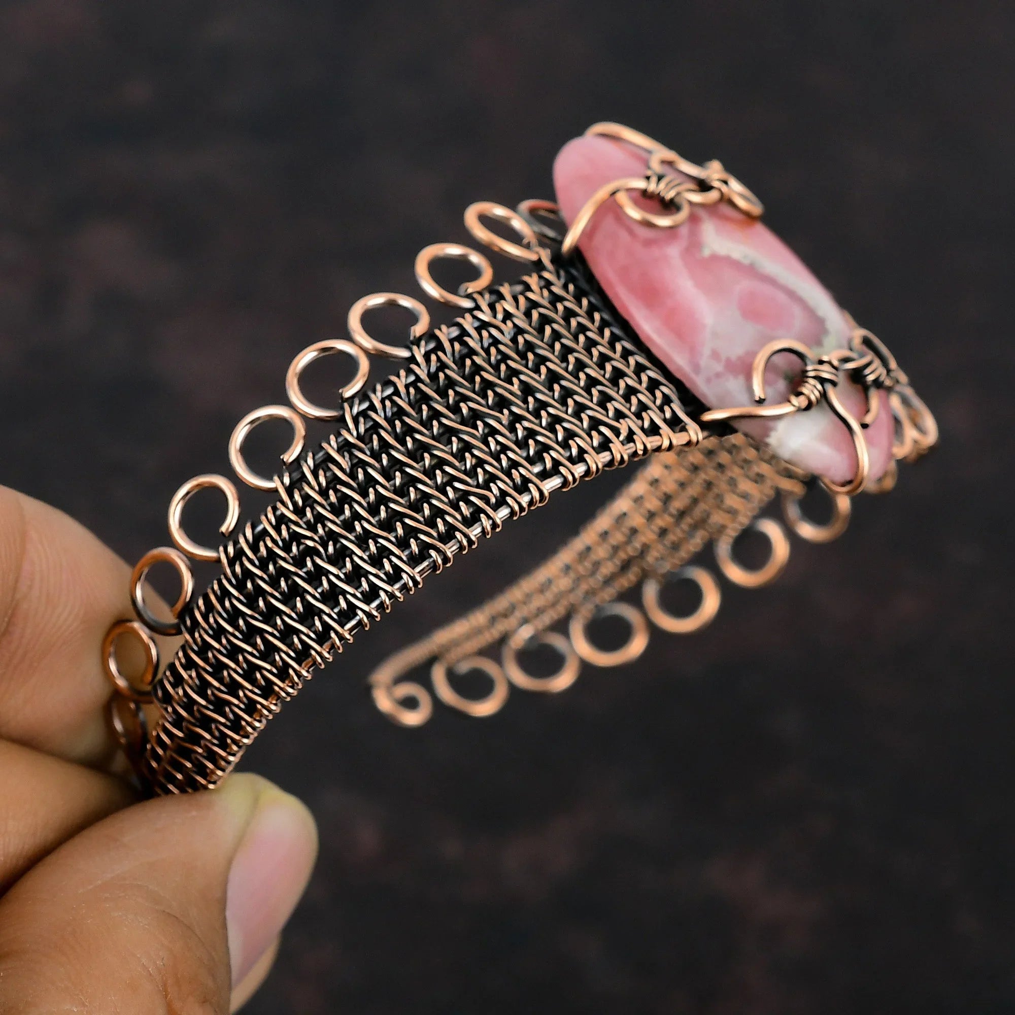 Bangle Wrap Rhodochrosite Jewelry Cuff Bracelet Wire Adjustable Copper Gemstone