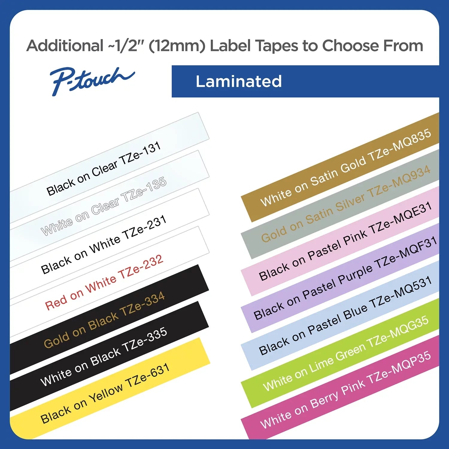 White, 2/Pack P-touch 1/2"w, Standard on Laminated Adhesive Tze Labeling Black Brother Tapes,